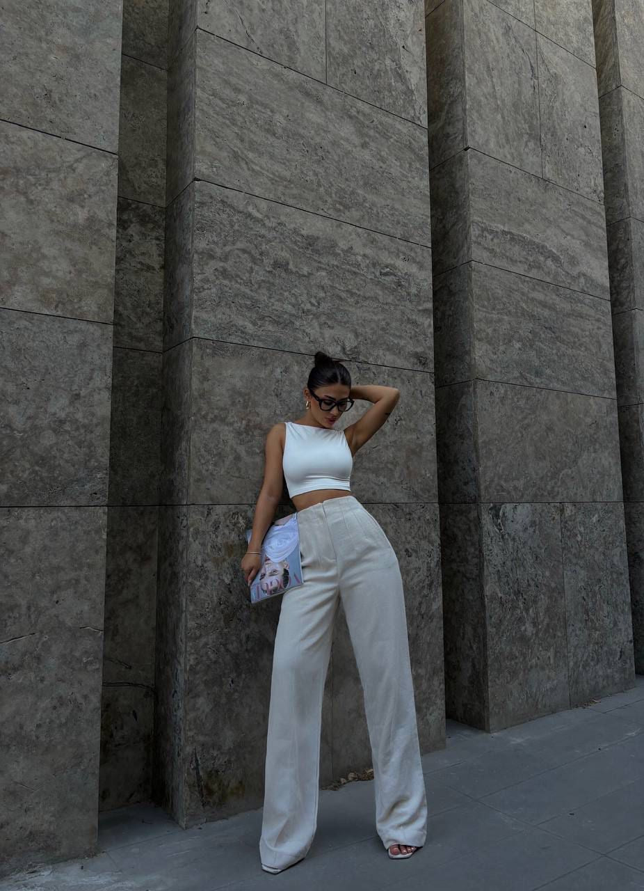 High-Waisted Off White Wide-Leg Pants