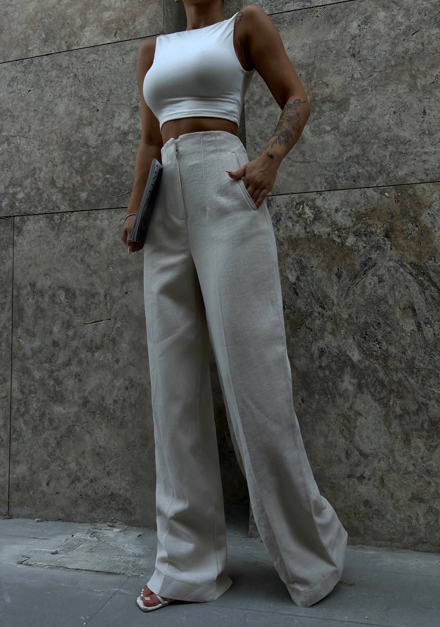 High-Waisted Off White Wide-Leg Pants