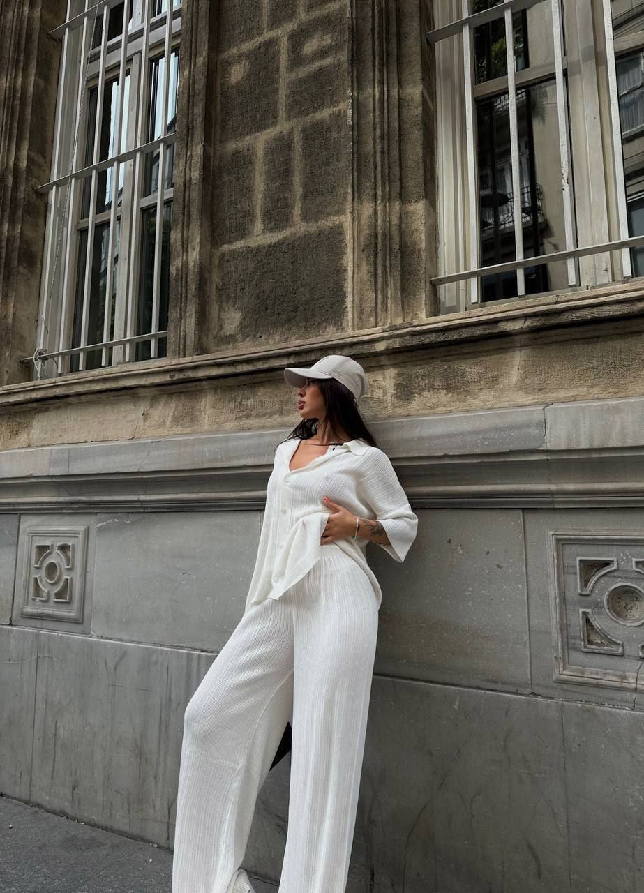 Beige Wide-Leg Pants & Oversized Top Set