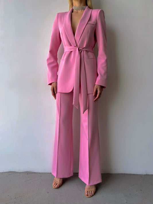 Pink Belted Blazer and Wide-Leg Pants Set