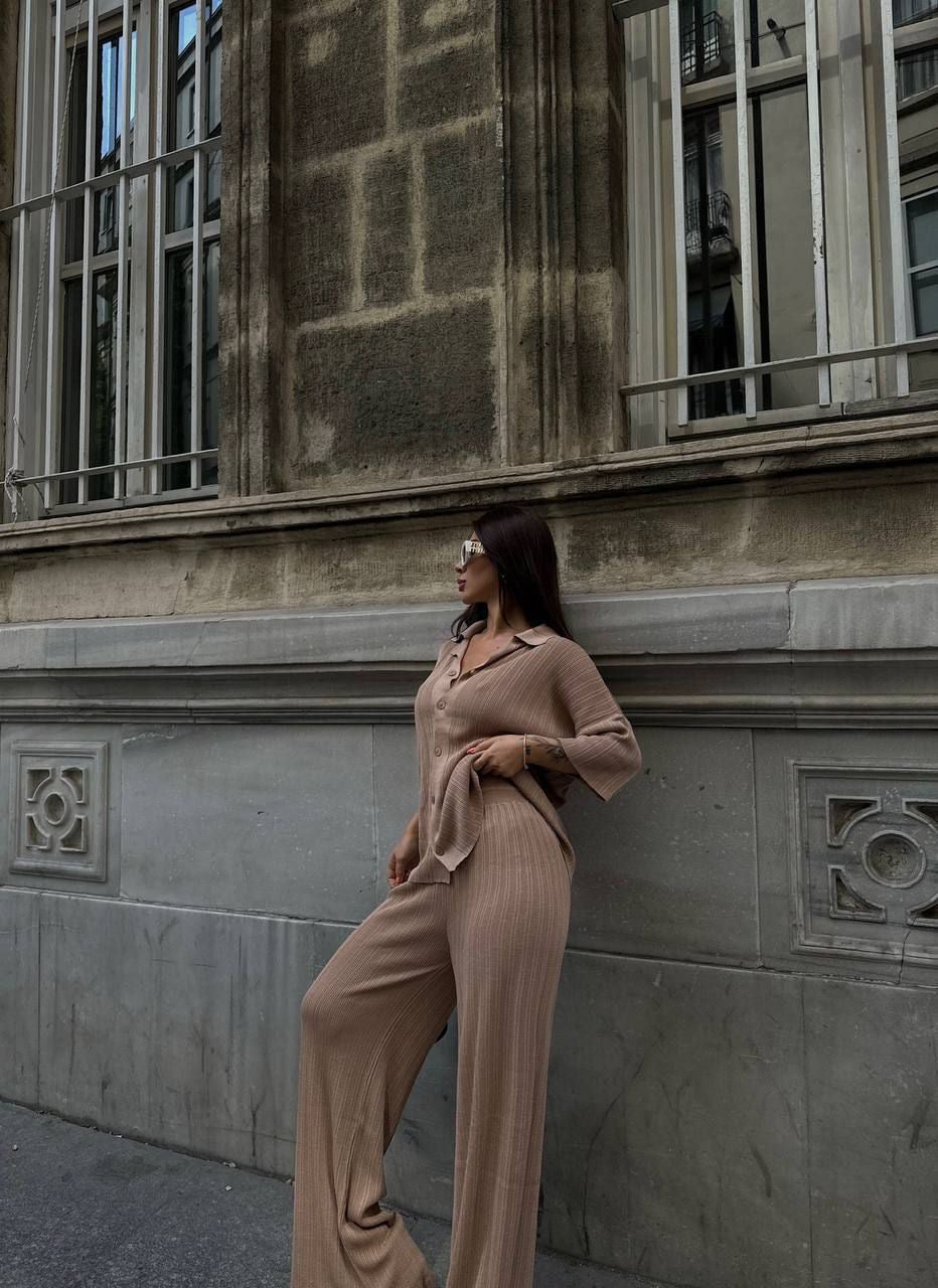 Light Brown Wide-Leg Pants & Oversized Top Set