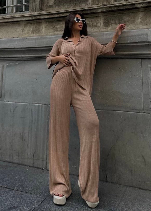 Light Brown Wide-Leg Pants & Oversized Top Set