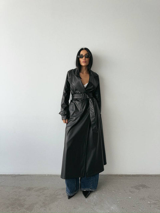 Black Leather Maxi Trench Coat