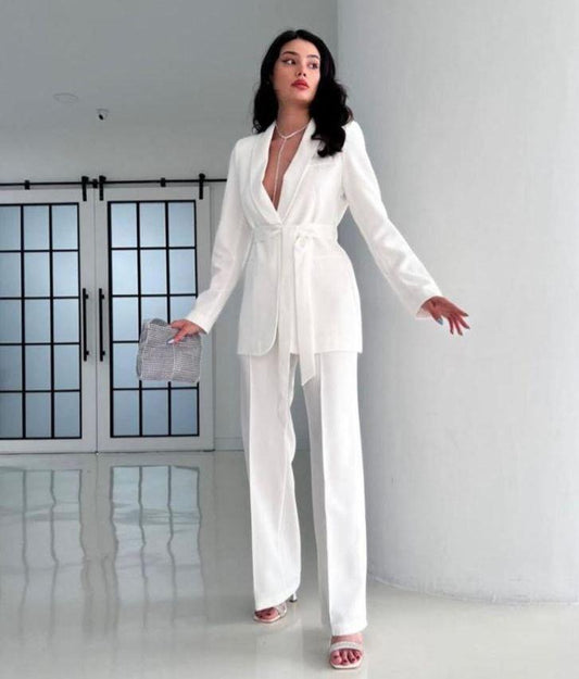 White Belted Blazer and Wide-Leg Pants Set